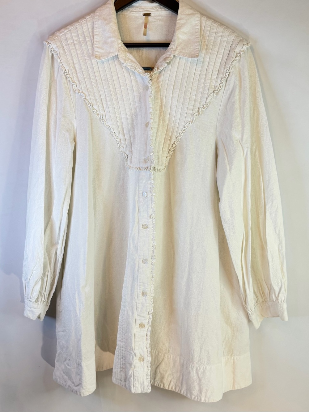 Free People Dress Womens Large Cherry Mini Dress Pintuck Buttons Ruffles V-Neck